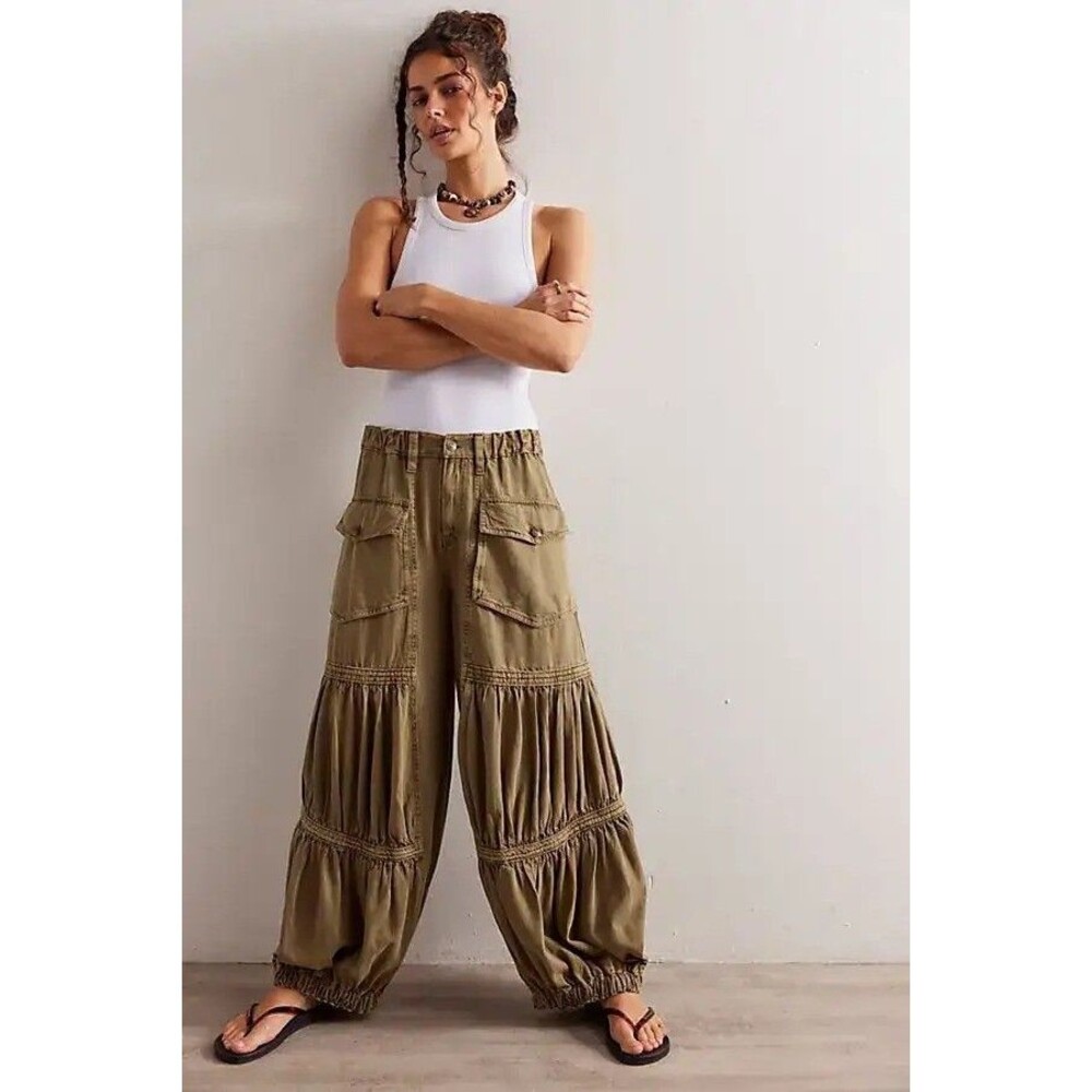 Free People Last Word Parachute Pants Olive L NWOT